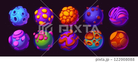 Cartoon alien space planets and stars for galaxy fantasy game, vector icons. Alien space planets with craters, ice and fire lava or colorful stones surface in starry sky for cosmic fantasy and galaxy 122008088