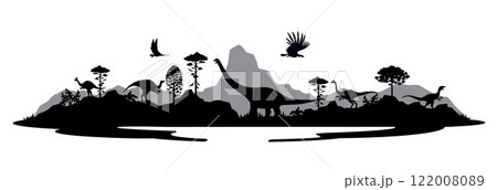 Monochrome prehistoric dinosaur silhouettes. Prehistoric nature landscape vector silhouette with mountains, forest trees and pelecanimimus, paralititan and probactrosaurus, scutellosaurus dinosaurs 122008089