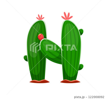 Letter N featuring cartoon cactus plant with thorns, flowers. Playful western cowboy font character, wild west typeface, English alphabet type symbol in playful shape of succulent desert flower 122008092