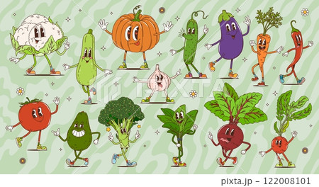Cartoon retro groovy vegetable characters and personages, vector psychedelic farm food. Funky groovy tomato, avocado, chili pepper and cucumber, hippie broccoli, eggplant and pumpkin vegetables 122008101