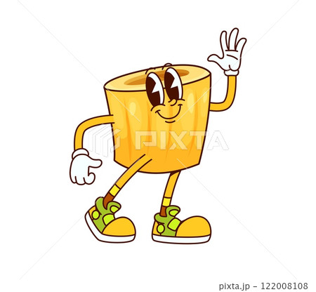 Ditalini Italian pasta groovy cute character. Ditalini wheat gourmet, Italy cuisine menu pasta groovy personage or Italian restaurant tasty noodle funky isolated vector character or happy mascot 122008108