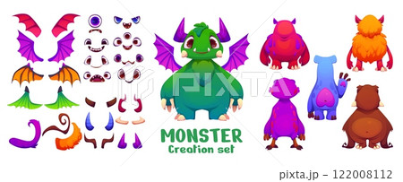 Cartoon monster creation kit, funny evil character constructor featuring body parts, includes eyes, wings, tails and horns, facial expressions and figure shapes to create unique and playful monster Cartoon monster creation kit, funny evil character constructor featuring body parts, includes eyes, wings, tails and horns, facial expressions and figure shapes to create unique and playful monster 122008112