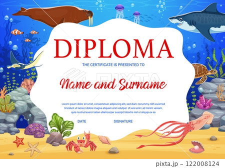 Kids diploma with sea underwater animals. Child achievement vector award, elementary school graduation diploma or competition winner certificate with shark, turtle, squid and crab, walrus sea animals 122008124