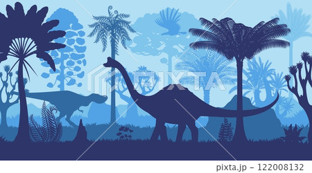 Prehistoric dinosaurs silhouettes in tropical jungle forest at night. Jurassic dino animals and pterosaur, palm trees and plants vector background. Argentavis, pelorosaurus and tarbosaurus dinosaurs 122008132