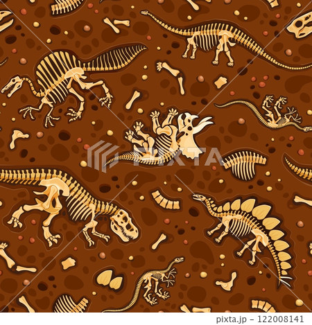 Prehistoric dinosaur fossils seamless pattern features dino bones and skeletons arranged on brown, textured soil background. Vector tile, wallpaper or textile with cartoon ancient skeletal structures 122008141