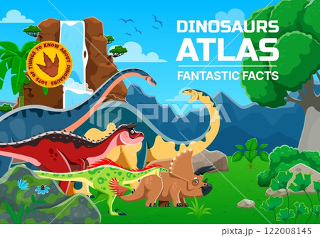 Funny cartoon dinosaur characters on prehistoric landscape, atlas book cover background. Vector dino animals personages of cute triceratops, shunosaurus, raptor and carnotaurus near waterfall 122008145