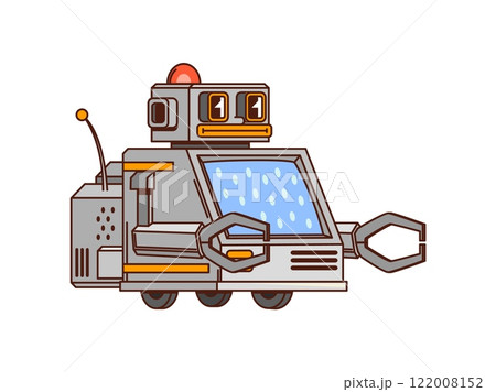 Cartoon funny groovy robot and droid character with playful expression, antenna and friendly face. Vector retro futuristic personage with mechanical claws and wheels exuding nostalgic sci-fi vibe 122008152