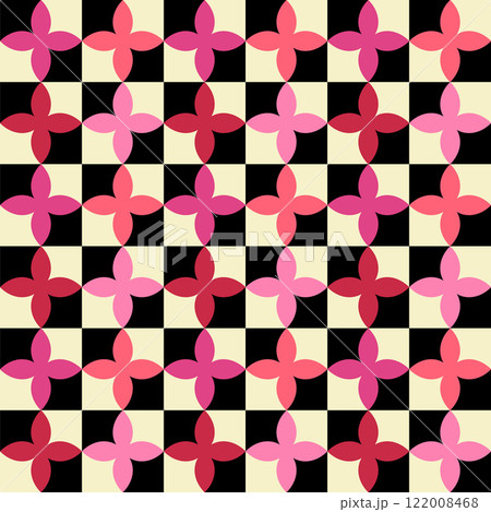 Checker board, bright flower shapes abstract seamless pattern. Decorative geometrical grid. Black white pink shades vintage colours palette. Graphical ornamental background. Vector illustration 122008468