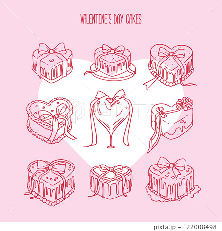 Set of heart shaped birthday or wedding cakes with bows and leaks. Vector hand drawn illustration in Coquette retro sketch style. Holiday clipart for greeting cards and invitations 122008498