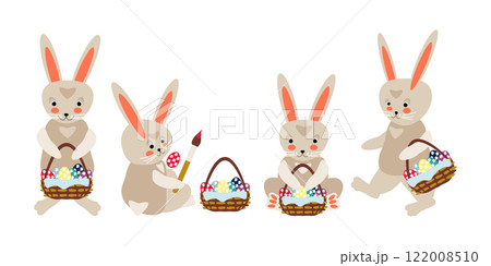 Set of easter cartoon bunnies with baskets of colorful eggs 122008510