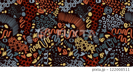 Fun colorful line doodle seamless pattern. Creative abstract art dark background . hand drawing. Not AI, Vector illustration Fun colorful line doodle seamless pattern. Creative abstract art dark background . hand drawing. Not AI, Vector illustration 122008511