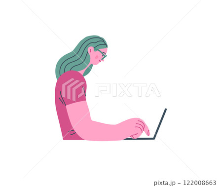 Writing people, modern flat vector concept illustration- sitting woman thoughtfully writing on laptop. Metaphor for reflection, personal insight, contemplation, creative expression Writing people, modern flat vector concept illustration- sitting woman thoughtfully writing on laptop. Metaphor for reflection, personal insight, contemplation, creative expression 122008663