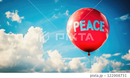 balloon with text peace fly in blue sky 122008731