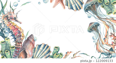 Seahorse, jellyfish, corals, sea sponges, seaweed, shells, starfish and bubbles. Hand drawn watercolor illustration on the theme of sea animals. Horizontal rectangular frame, template for text. Seahorse, jellyfish, corals, sea sponges, seaweed, shells, starfish and bubbles. Hand drawn watercolor illustration on the theme of sea animals. Horizontal rectangular frame, template for text. 122009133