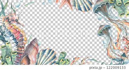 Seahorse, jellyfish, corals, sea sponges, seaweed, shells, starfish and bubbles. Hand drawn watercolor illustration on the theme of sea animals. Horizontal rectangular frame, template for text. Seahorse, jellyfish, corals, sea sponges, seaweed, shells, starfish and bubbles. Hand drawn watercolor illustration on the theme of sea animals. Horizontal rectangular frame, template for text. 122009133