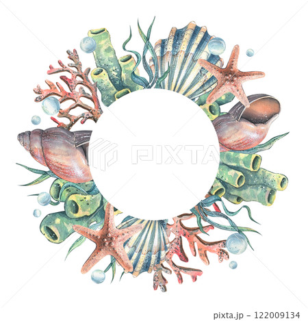 Corals, sea sponges, seaweed, shells, starfish and bubbles. Hand drawn watercolor illustration on the theme of sea animals and the underwater world. Round wreath, frame, template for text. Corals, sea sponges, seaweed, shells, starfish and bubbles. Hand drawn watercolor illustration on the theme of sea animals and the underwater world. Round wreath, frame, template for text. 122009134