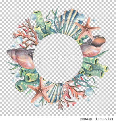 Corals, sea sponges, seaweed, shells, starfish and bubbles. Hand drawn watercolor illustration on the theme of sea animals and the underwater world. Round wreath, frame, template for text. Corals, sea sponges, seaweed, shells, starfish and bubbles. Hand drawn watercolor illustration on the theme of sea animals and the underwater world. Round wreath, frame, template for text. 122009134