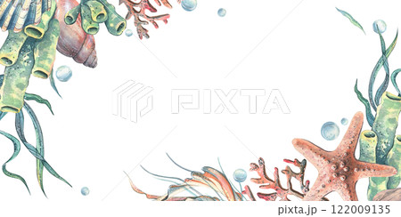 Corals, sea sponges, seaweed, shells, starfish and bubbles. Hand drawn watercolor illustration on the theme of sea animals and the underwater world. Horizontal rectangular frame, template for text. Corals, sea sponges, seaweed, shells, starfish and bubbles. Hand drawn watercolor illustration on the theme of sea animals and the underwater world. Horizontal rectangular frame, template for text. 122009135
