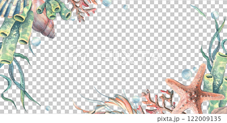 Corals, sea sponges, seaweed, shells, starfish and bubbles. Hand drawn watercolor illustration on the theme of sea animals and the underwater world. Horizontal rectangular frame, template for text. Corals, sea sponges, seaweed, shells, starfish and bubbles. Hand drawn watercolor illustration on the theme of sea animals and the underwater world. Horizontal rectangular frame, template for text. 122009135