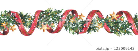 Garland decoration Christmas, New Year with green fir tree branches, red twisting ribbons, golden stars and snow. Watercolor hand drawn illustration. Seamless border isolated from background 122009142