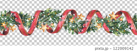 Garland decoration Christmas, New Year with green fir tree branches, red twisting ribbons, golden stars and snow. Watercolor hand drawn illustration. Seamless border isolated from background 122009142