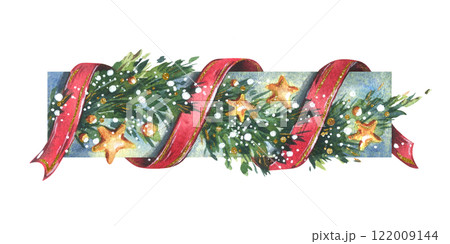 Garland decoration Christmas, New Year with green fir tree branches, red twisting ribbons, golden stars and snow. Watercolor hand-drawn illustration. Beautiful composition isolated from the background 122009144