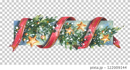 Garland decoration Christmas, New Year with green fir tree branches, red twisting ribbons, golden stars and snow. Watercolor hand-drawn illustration. Beautiful composition isolated from the background 122009144