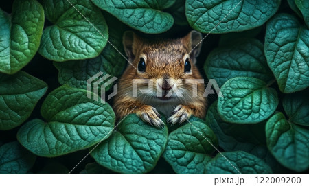 Chipmunk nestled among green leaves, close-up view. Nature and wildlife photography concept 122009200