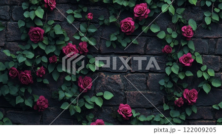 Climbing roses on dark brick wall, vintage floral ambiance. Nature and garden decor concept Climbing roses on dark brick wall, vintage floral ambiance. Nature and garden decor concept 122009205