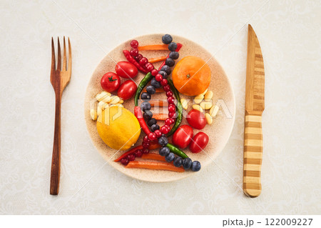 DNA food and genetically modified foods, DNA helix structure on plate. 122009227