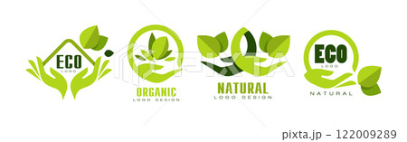 Bright Green Eco Label and Organic Sticker with Leaf Vector Set 122009289