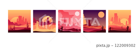 Red Desert Sunset and Dusk Landscape with Silhouettes of Mountains and Cactus Vector Set Red Desert Sunset and Dusk Landscape with Silhouettes of Mountains and Cactus Vector Set 122009302