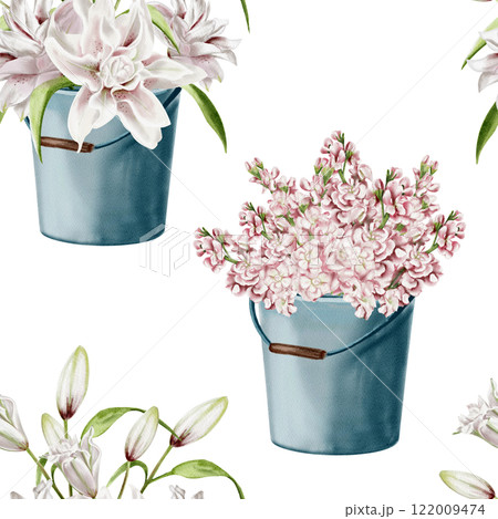 Flowers in a bucket or vase. Seamless pattern. watercolor illustration without background. Lilacs and lilies in delicate pastel shades. Pink spring flowers in a metal bucket. Garden flowers. Flowers in a bucket or vase. Seamless pattern. watercolor illustration without background. Lilacs and lilies in delicate pastel shades. Pink spring flowers in a metal bucket. Garden flowers. 122009474