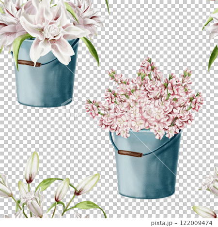 Flowers in a bucket or vase. Seamless pattern. watercolor illustration without background. Lilacs and lilies in delicate pastel shades. Pink spring flowers in a metal bucket. Garden flowers. Flowers in a bucket or vase. Seamless pattern. watercolor illustration without background. Lilacs and lilies in delicate pastel shades. Pink spring flowers in a metal bucket. Garden flowers. 122009474
