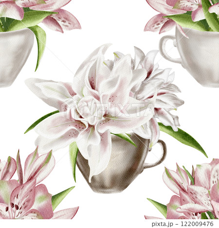 Flowers in a cup. Seamless pattern. Watercolor illustration. Lilies large and small in coffee and tea cups. For textiles, fabric and paper. Spring drawing, print. Flowers in a cup. Seamless pattern. Watercolor illustration. Lilies large and small in coffee and tea cups. For textiles, fabric and paper. Spring drawing, print. 122009476
