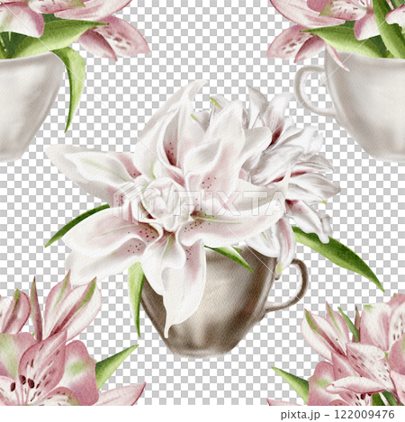 Flowers in a cup. Seamless pattern. Watercolor illustration. Lilies large and small in coffee and tea cups. For textiles, fabric and paper. Spring drawing, print. Flowers in a cup. Seamless pattern. Watercolor illustration. Lilies large and small in coffee and tea cups. For textiles, fabric and paper. Spring drawing, print. 122009476