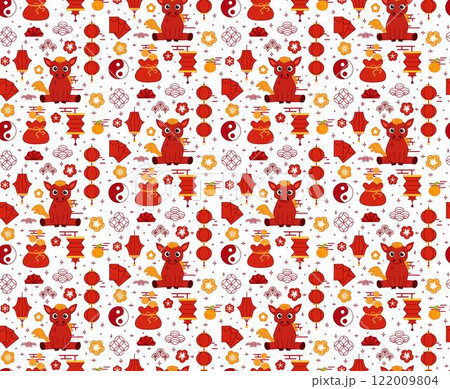 Chinese New Year of horse seamless pattern. Vector graphic line background with horse, red lanterns, orange, red envelopes on transparent background 122009804