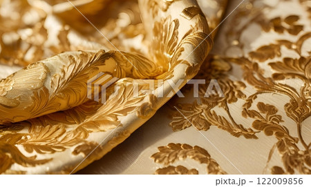Close-up of luxurious gold brocade fabric adorned with intricate floral and leaf patterns, epitomizing elegance and opulence, perfect for ceremonial and upscale attire. AI Generated Close-up of luxurious gold brocade fabric adorned with intricate floral and leaf patterns, epitomizing elegance and opulence, perfect for ceremonial and upscale attire. AI Generated 122009856