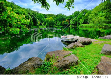 大自然が美しい北海道富良野市 鳥沼公園 緑の沼の風景 大自然が美しい北海道富良野市 鳥沼公園 緑の沼の風景 122009955