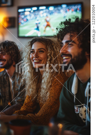 Group of friends enjoying a sports game on TV at a bar 122010004