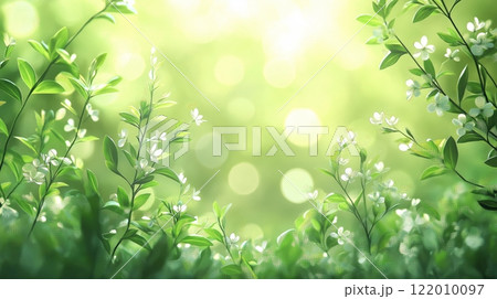 Soft sunlight filters through green leaves and delicate white flowers in spring Soft sunlight filters through green leaves and delicate white flowers in spring 122010097