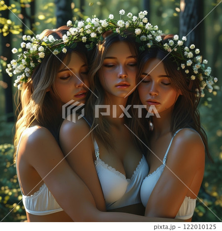 An ethereal, dreamlike scene of three young women in a forest, adorned with floral wreaths. Capturing the essence of sisterhood, unity, and natural beauty, bathed in soft sunlight amidst. 122010125