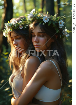 An ethereal, dreamlike scene of three young women in a forest, adorned with floral wreaths. Capturing the essence of sisterhood, unity, and natural beauty, bathed in soft sunlight amidst. 122010127