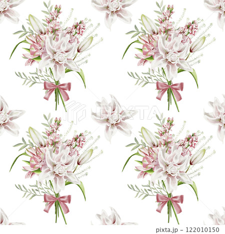 Large beautiful bouquet with flowers and lily. Seamless pattern. Watercolor illustration without background. Spring festive bouquet of different flowers. Delicate pastel color palette. Large beautiful bouquet with flowers and lily. Seamless pattern. Watercolor illustration without background. Spring festive bouquet of different flowers. Delicate pastel color palette. 122010150