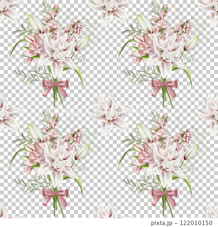 Large beautiful bouquet with flowers and lily. Seamless pattern. Watercolor illustration without background. Spring festive bouquet of different flowers. Delicate pastel color palette. Large beautiful bouquet with flowers and lily. Seamless pattern. Watercolor illustration without background. Spring festive bouquet of different flowers. Delicate pastel color palette. 122010150