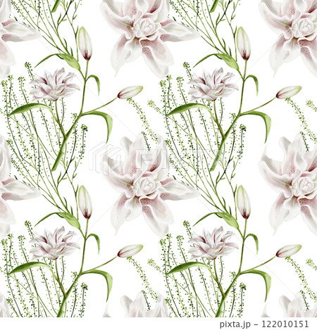 Spring flowers. Seamless pattern. Watercolor illustration without background. Lilies and blooming buds on stems with leaves. A delicate thin plant with small leaves. Festive ornament.  122010151