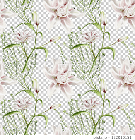 Spring flowers. Seamless pattern. Watercolor illustration without background. Lilies and blooming buds on stems with leaves. A delicate thin plant with small leaves. Festive ornament.  122010151