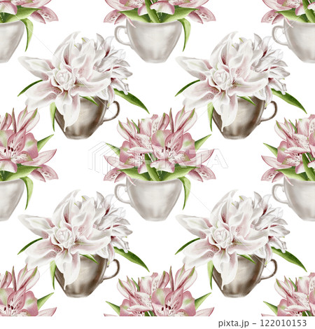 Flowers in a cup. Seamless pattern. Watercolor illustration. Lilies large and small in coffee and tea cups. For textiles, fabric and paper. Spring drawing, print. Flowers in a cup. Seamless pattern. Watercolor illustration. Lilies large and small in coffee and tea cups. For textiles, fabric and paper. Spring drawing, print. 122010153