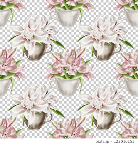 Flowers in a cup. Seamless pattern. Watercolor illustration. Lilies large and small in coffee and tea cups. For textiles, fabric and paper. Spring drawing, print. Flowers in a cup. Seamless pattern. Watercolor illustration. Lilies large and small in coffee and tea cups. For textiles, fabric and paper. Spring drawing, print. 122010153