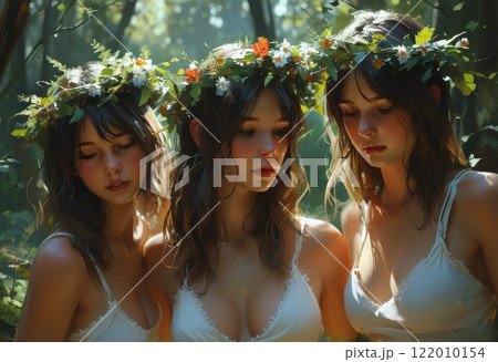 An ethereal, dreamlike scene of three young women in a forest, adorned with floral wreaths. Capturing the essence of sisterhood, unity, and natural beauty, bathed in soft sunlight amidst. 122010154